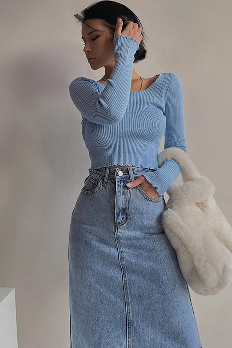 Rib-Knit Cut Out Sweater with Elegant Ruffle Trim