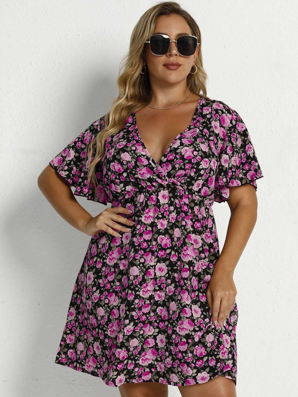 Floral Print V-Neck Flutter Sleeve Wrap Mini Dress