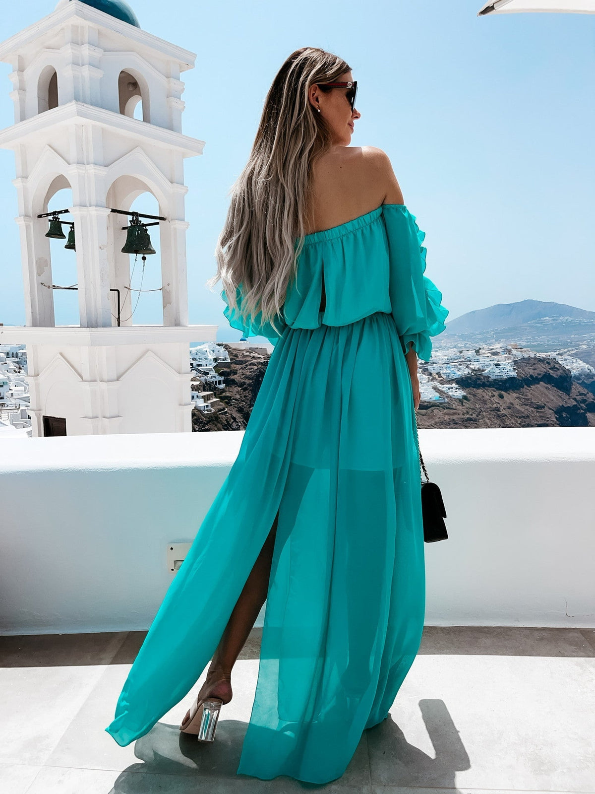 Off Shoulder Puff Sleeve Chiffon Maxi Dress 4