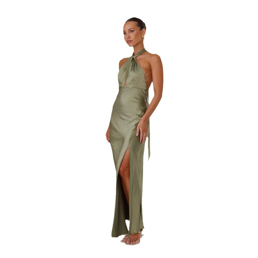 Satin Halterneck Cross-Front Cutout Backless Slit Maxi Dress 9