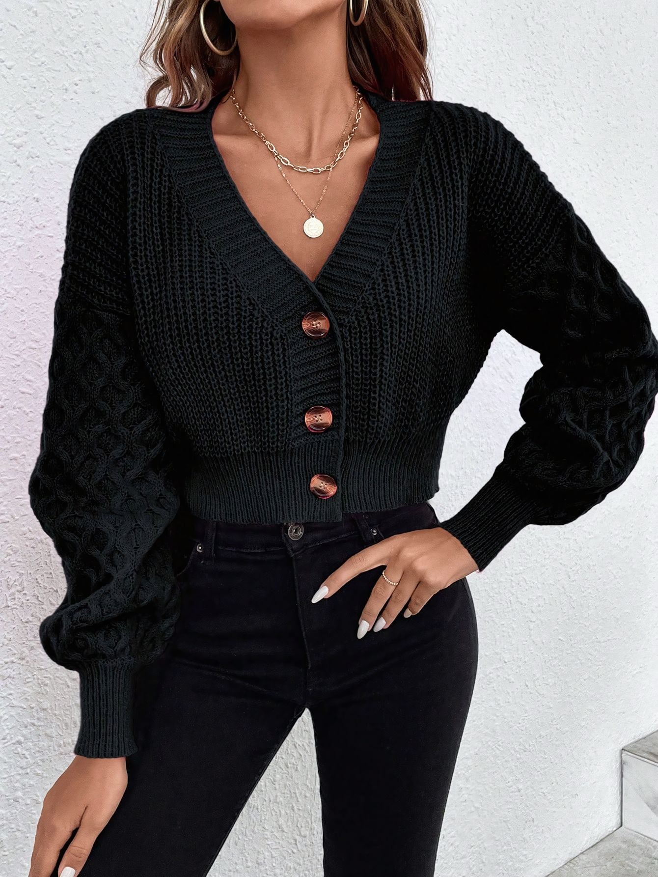 V-neck Cropped Cardigan with Drop Shoulder Sleeves
