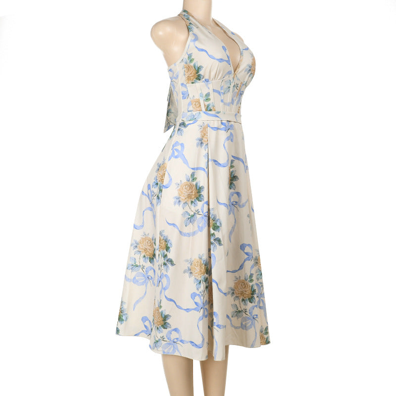 Floral Print Halter Neck Corset Bodice A-Line Midi Dress 8
