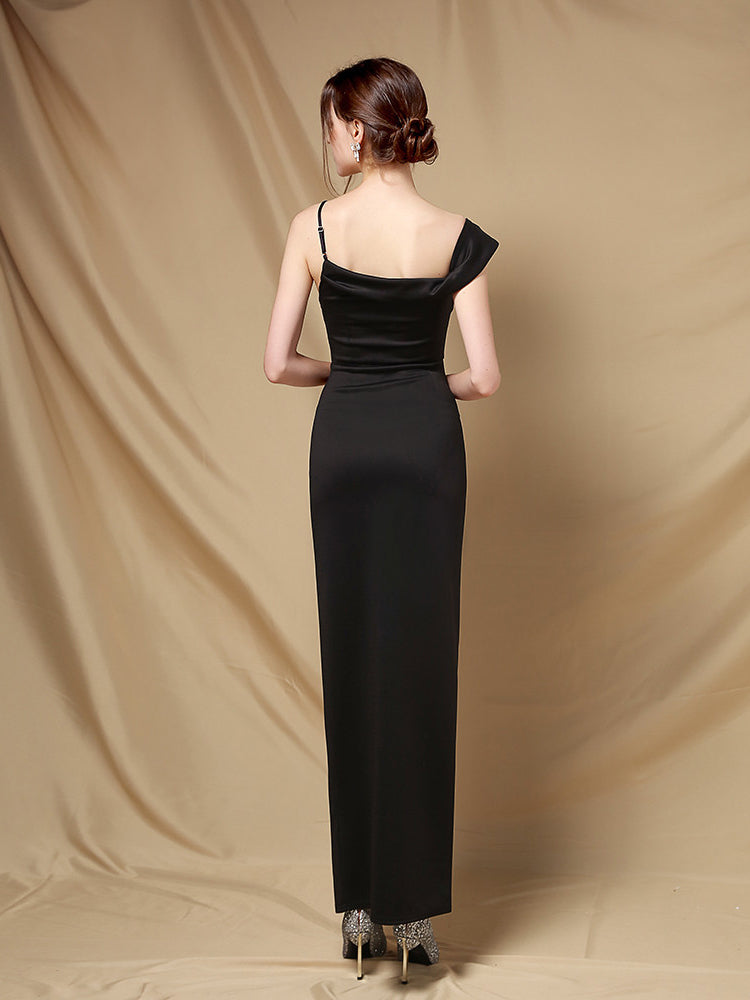 Satin One-Shoulder Ruched High-Slit Maxi Dress 2