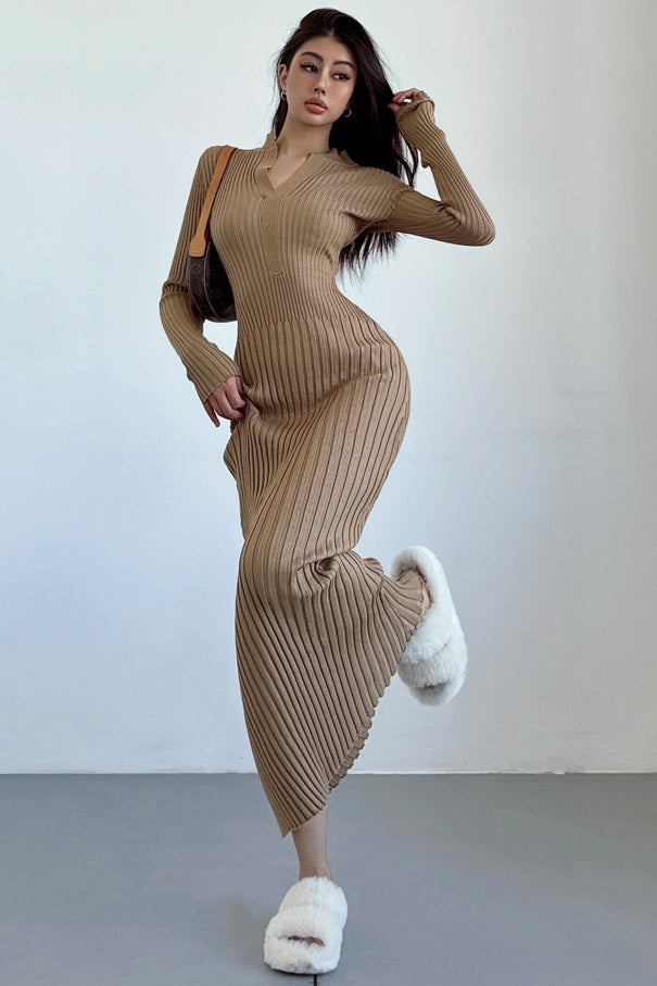 V-Neck Long Sleeve Knit Sweater Dress for Effortless Style