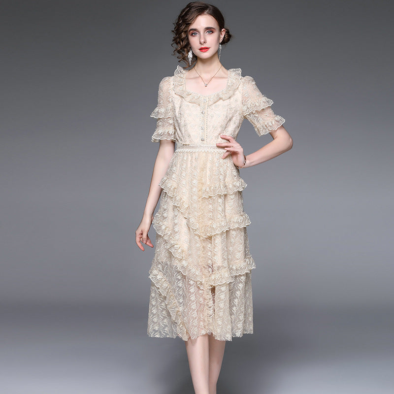 Lace Puff Sleeve Ruffle Tiered Midi Dress