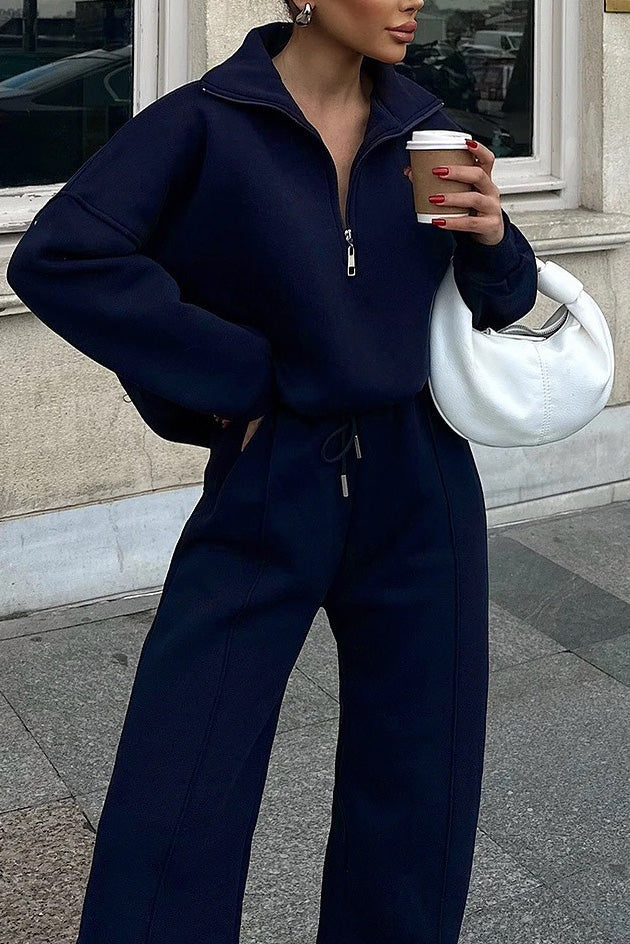 Thrifted Vibes Half-Open Pullover and Pants Set for Comfort