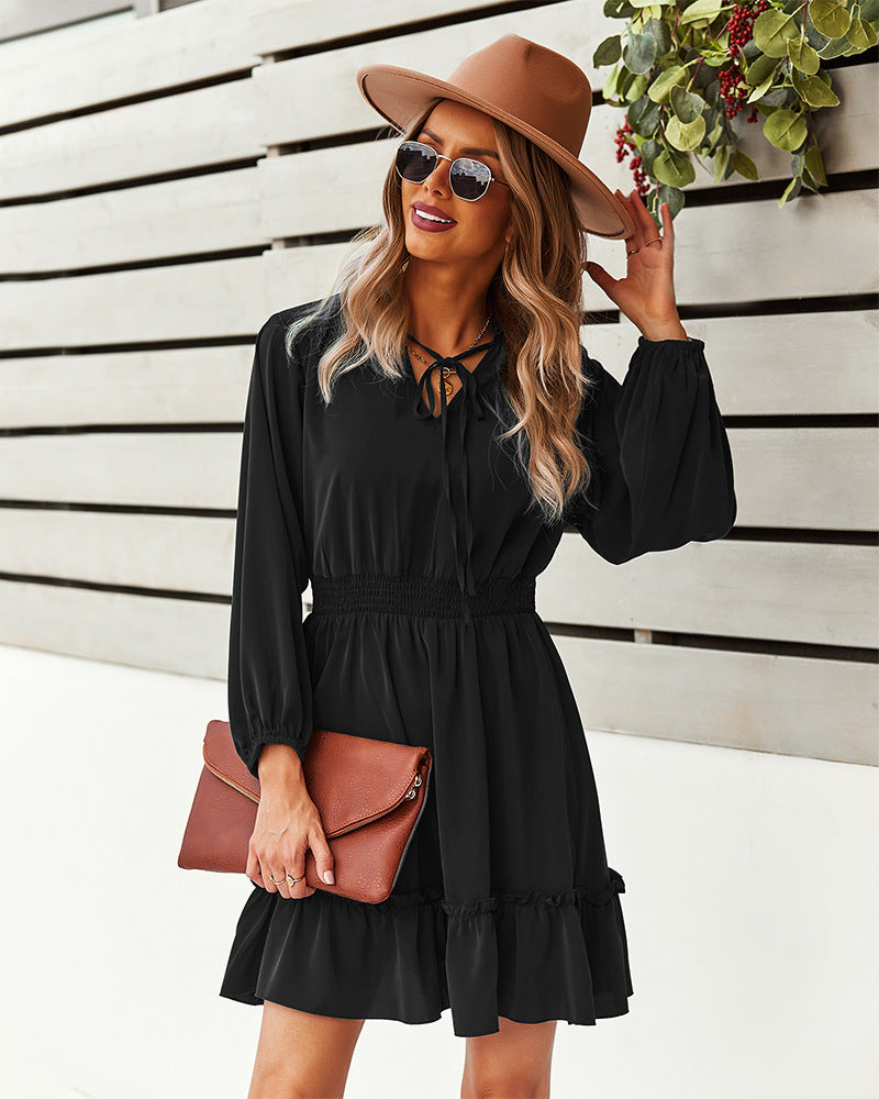 Chiffon Tie Neck Long Sleeve Ruffle Hem Mini Dress