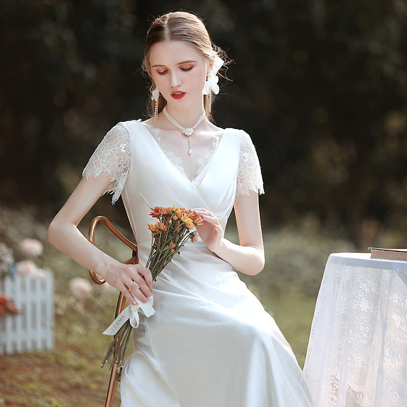 Satin V-Neck Lace Wedding Dress