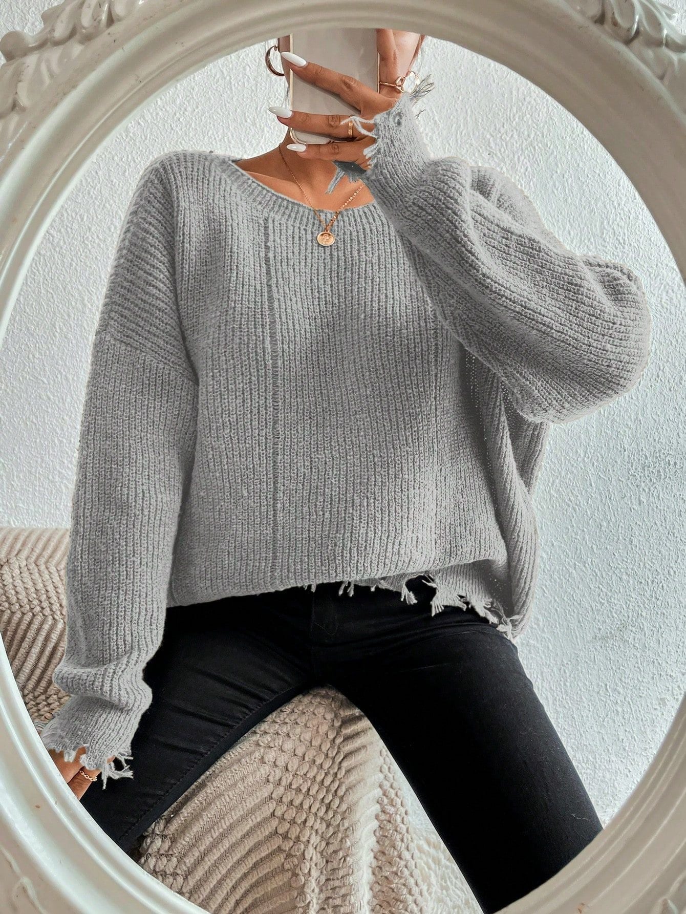 ShoptheCIC Loose Knit Ripped Design Round Neck Sweater