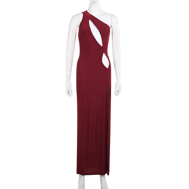One Shoulder Cutout Thigh-Slit Bodycon Maxi Dress 9