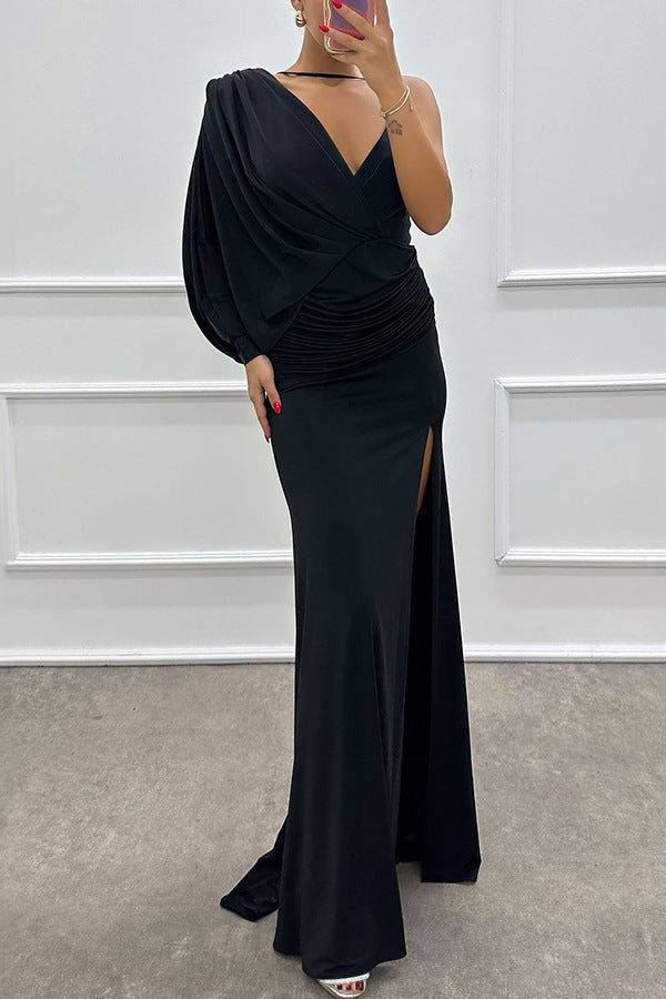 Deep V-Neck One Shoulder Pleated Sleeve Ruched High Split Maxi Gown - View 7
