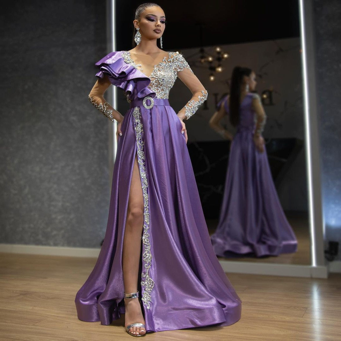 Evening Satin Gold Purple Sequ Dress - Fashionpara