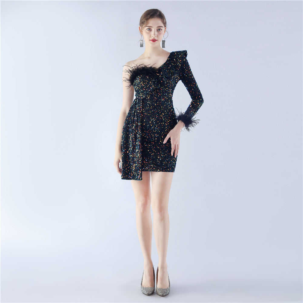 Sequin One Shoulder Long Sleeve Feather Trim Side Drape Bodycon Mini Dress - View 5