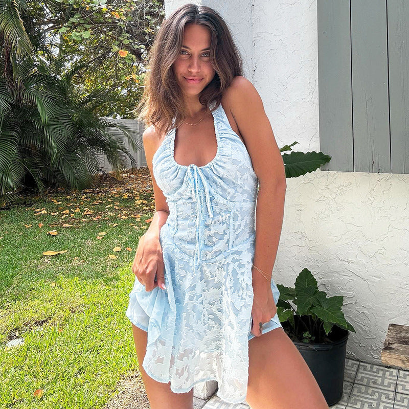 Backless Short Summer Dress Lace-up High Waist Dress