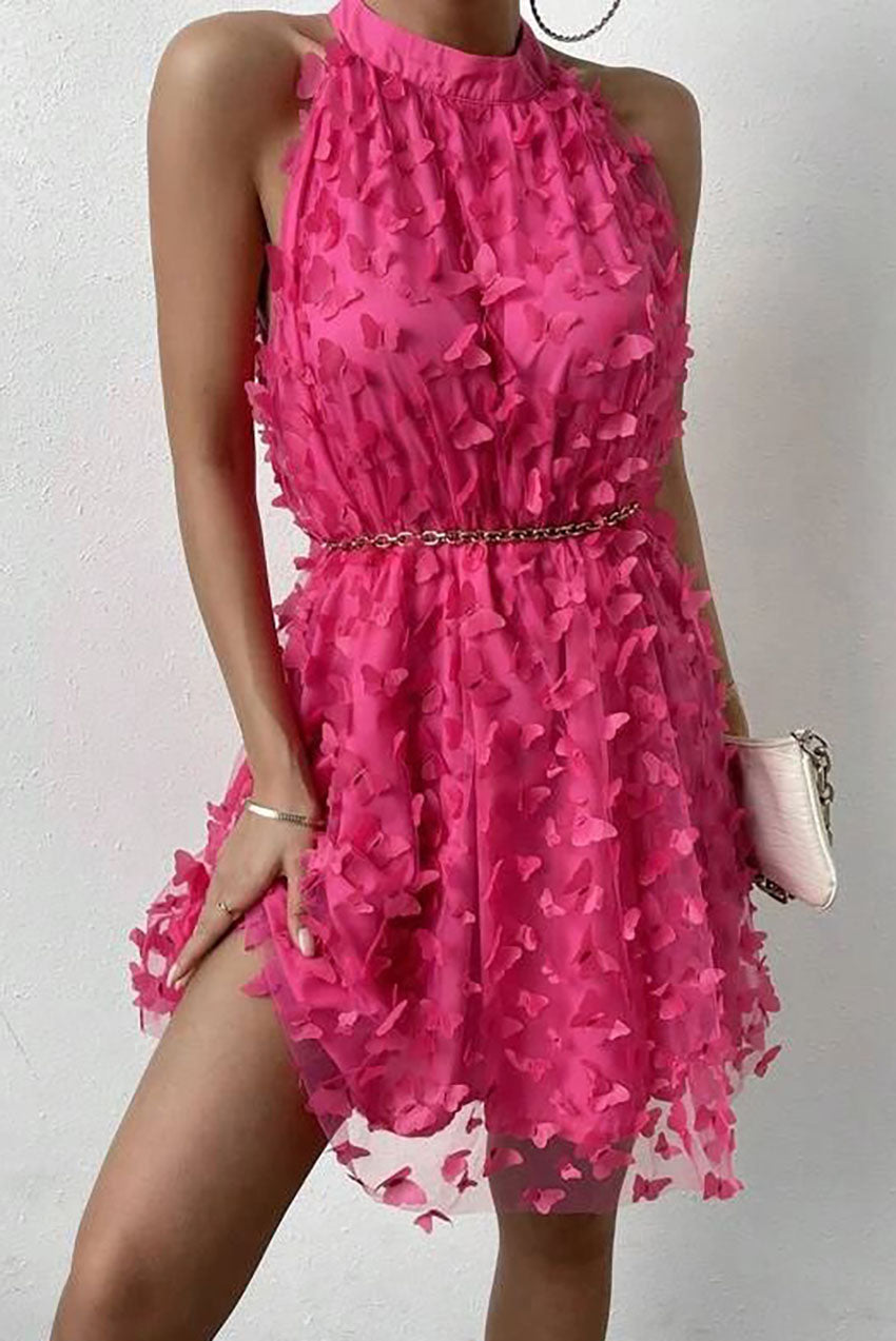 Floral Applique Mesh Halterneck Mini Dress