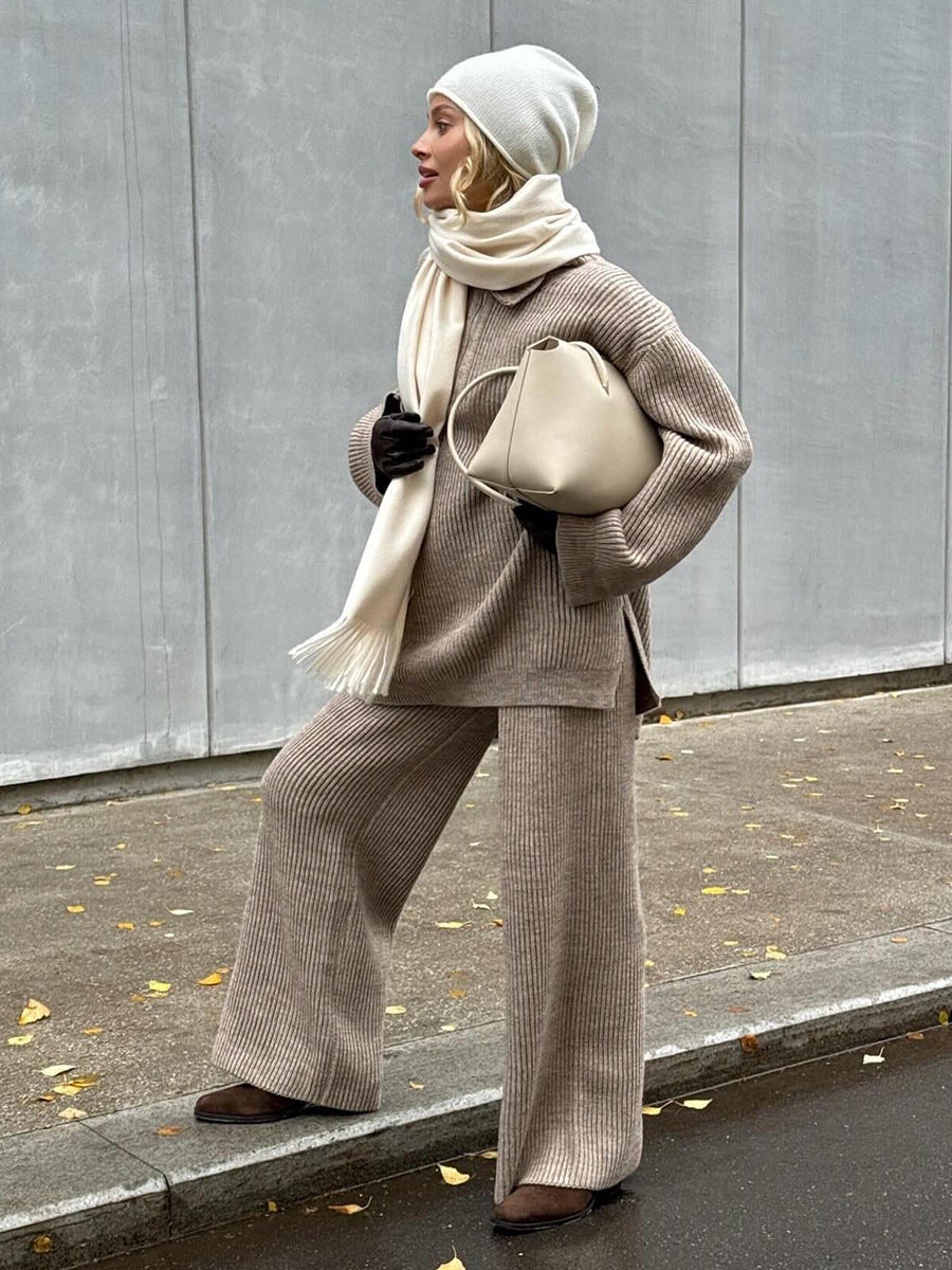 Cozy Lapel half-zip long-sleeved knit top and wide-leg pants set