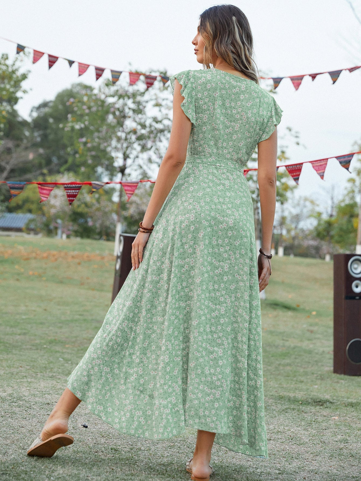 Floral Print V-Neck Flutter Sleeve Wrap Maxi Dress