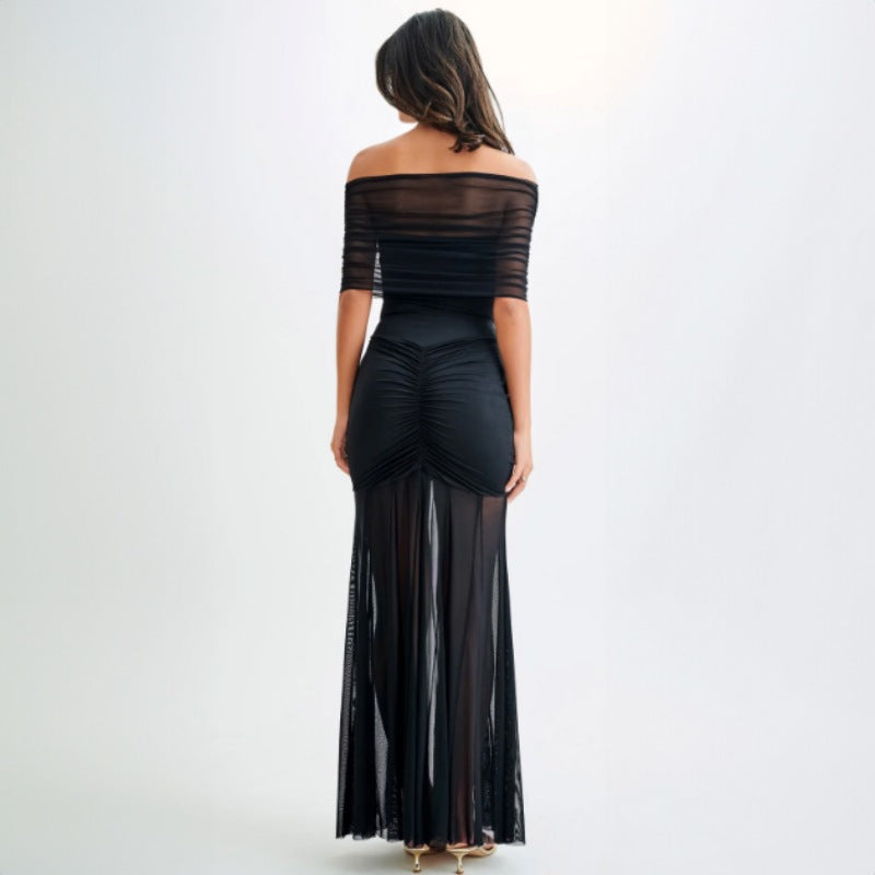 Off Shoulder Ruched Mesh Bodice Wrap Hip Pleated Mesh Maxi Gown - View 4