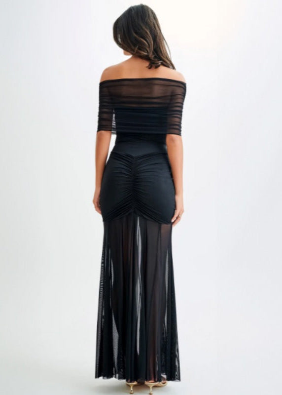 Off Shoulder Ruched Mesh Bust Panel Pleated Mesh Overlay Maxi Gown - View 2