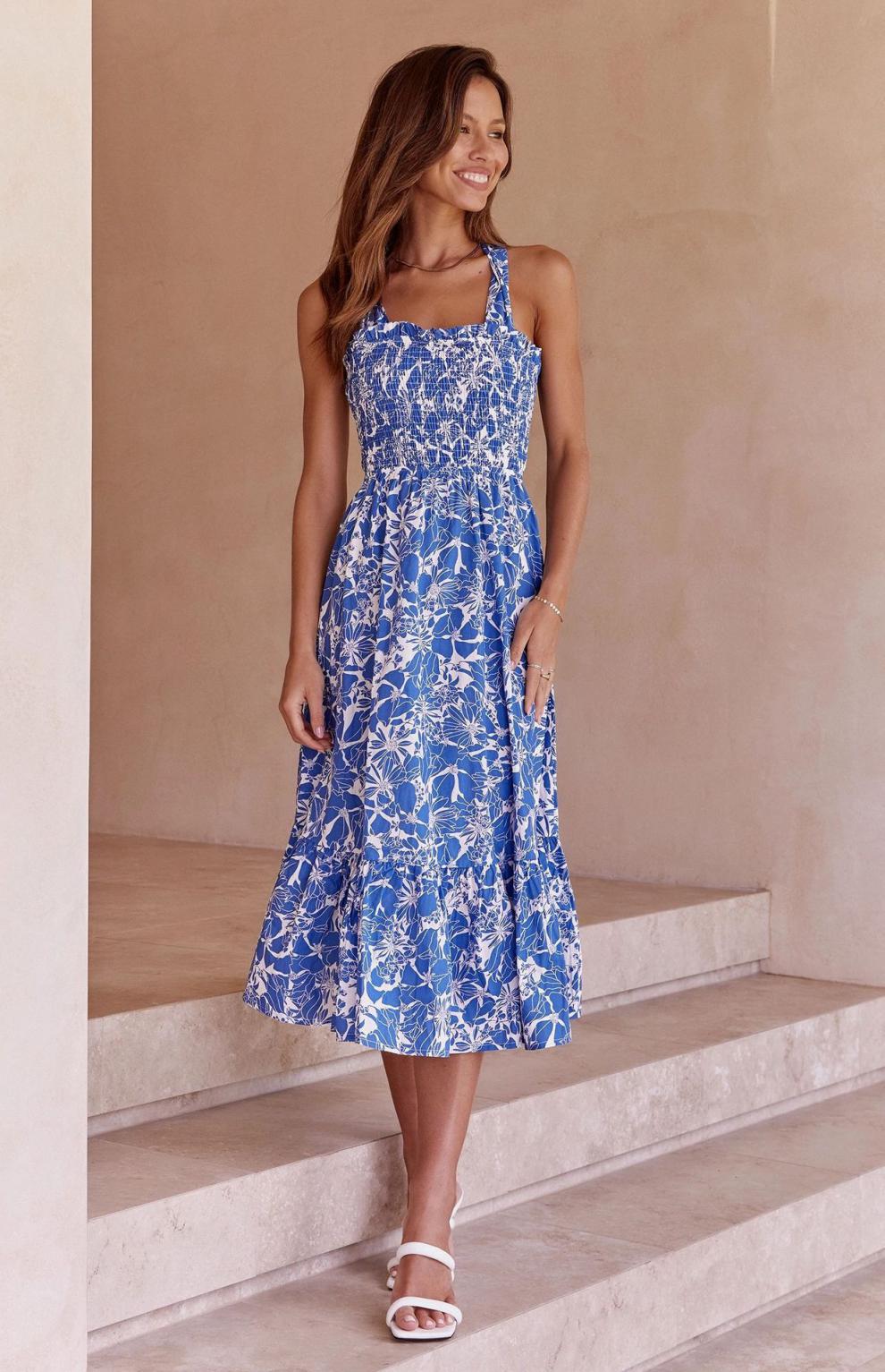 Floral Print Square Neck Smocked Tiered Midi Dress