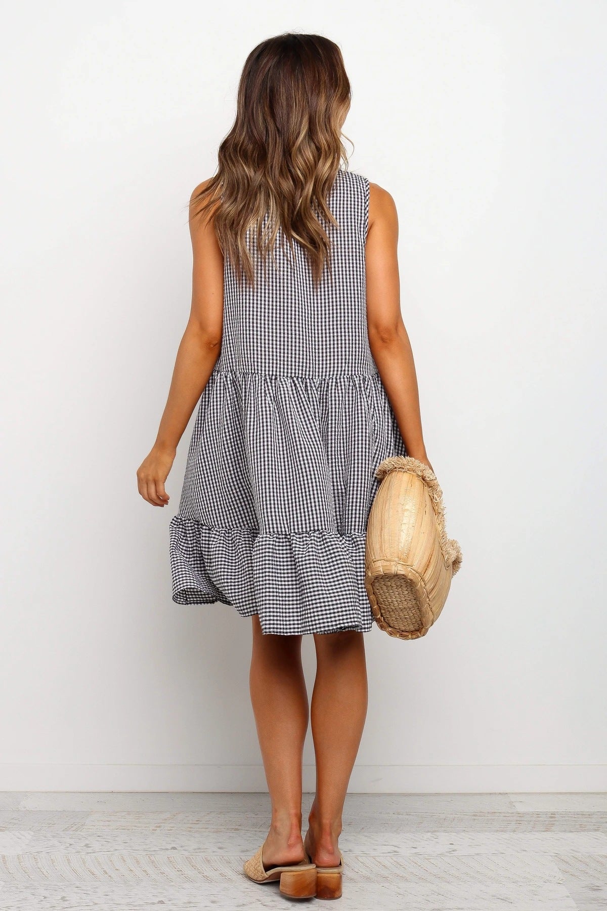 Gingham Round Neck Sleeveless Ruffle Hem Mini Dress