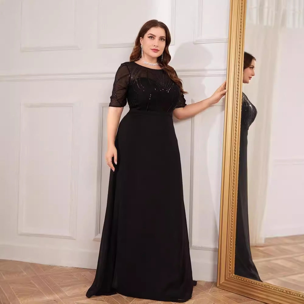 plus Size Short Sleeve Dress Maxi Dress Sequin Chiffon Slim Fishtail Bridesmaid Cocktail Evening Dress - Fashionpara