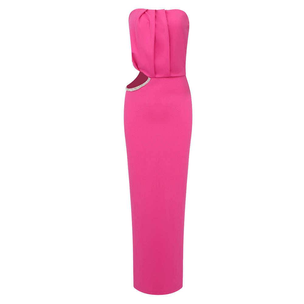 Strapless Ruched Rhinestone Trim Side Cut Out Bodycon Maxi Gown - View 3