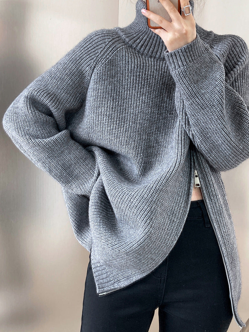 ShoptheCIC Solid Color Turtleneck Knit Sweater with Zip
