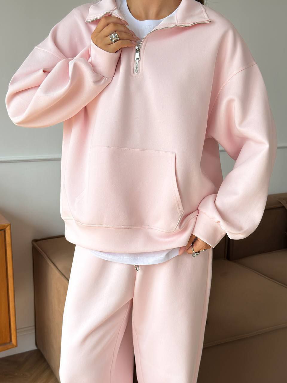 Zippered Half-High Collar Pullover and Wide-Leg Pants Set