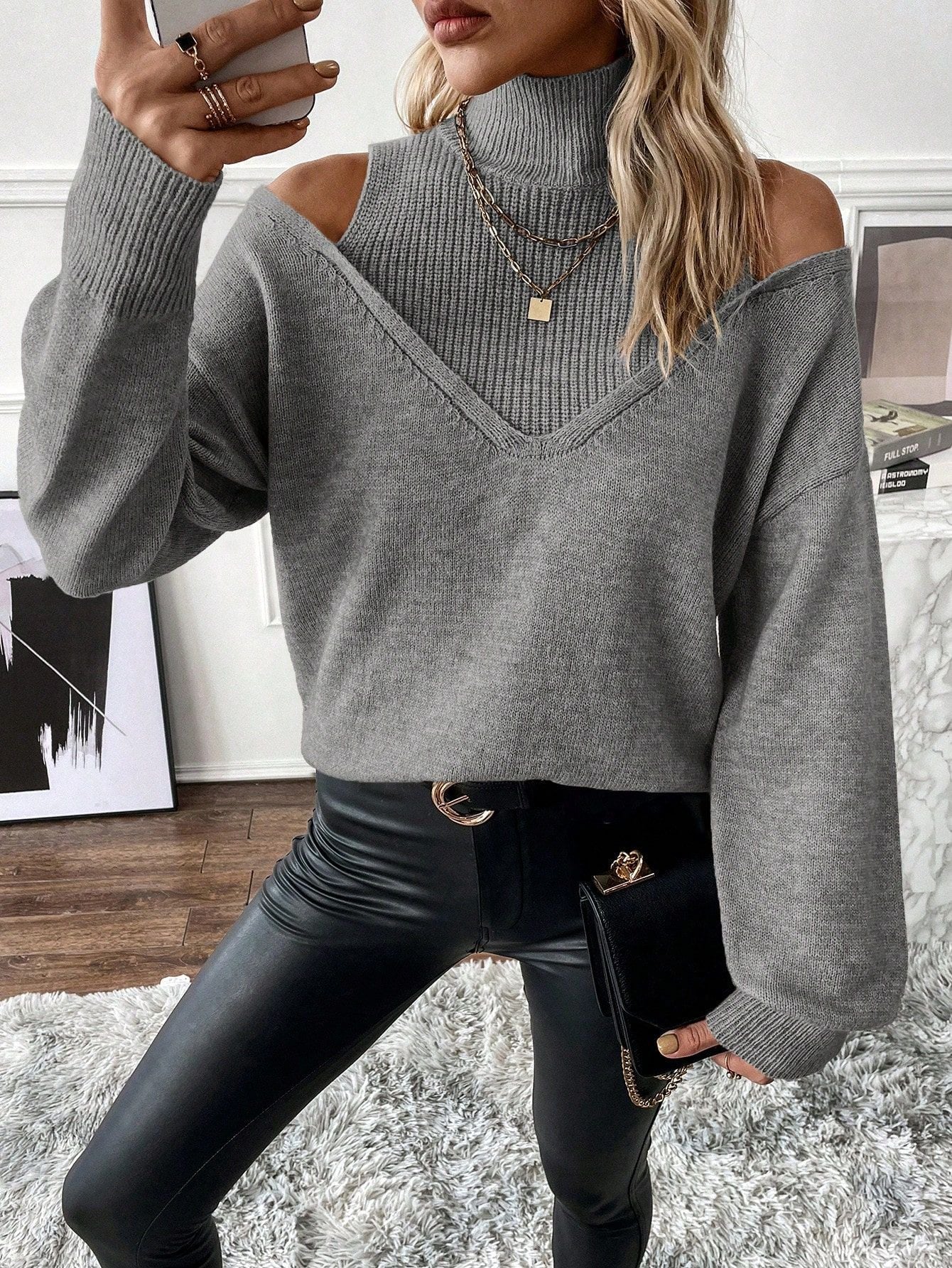 ShoptheCIC Off-the-Shoulder Turtleneck Sweater in Solid Color