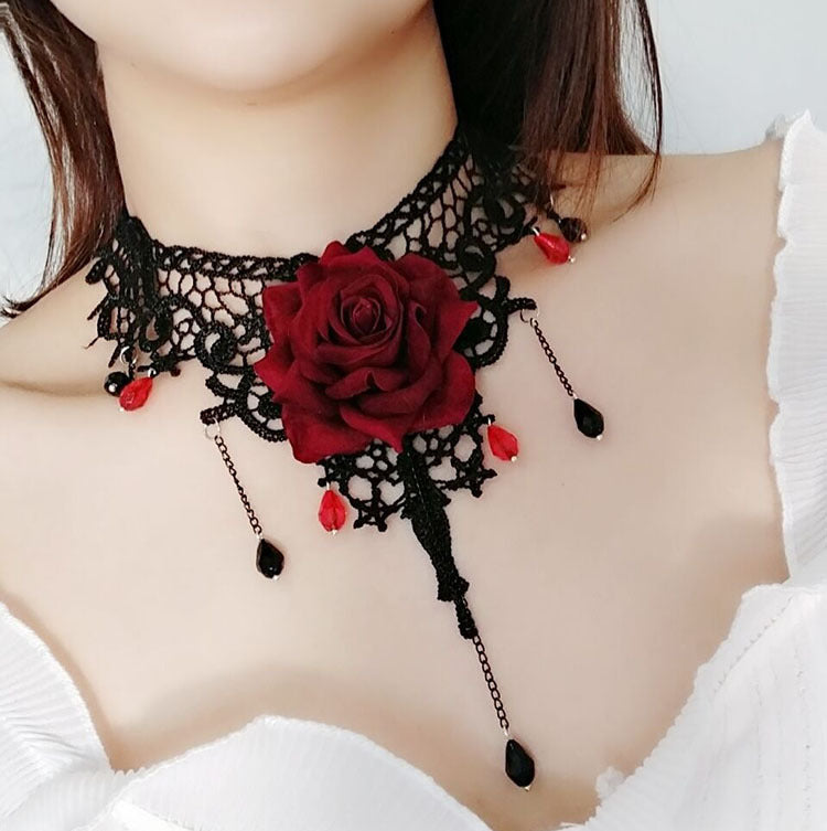 Gothic Vintage Rose Choker Pearl Necklace Red Halloween