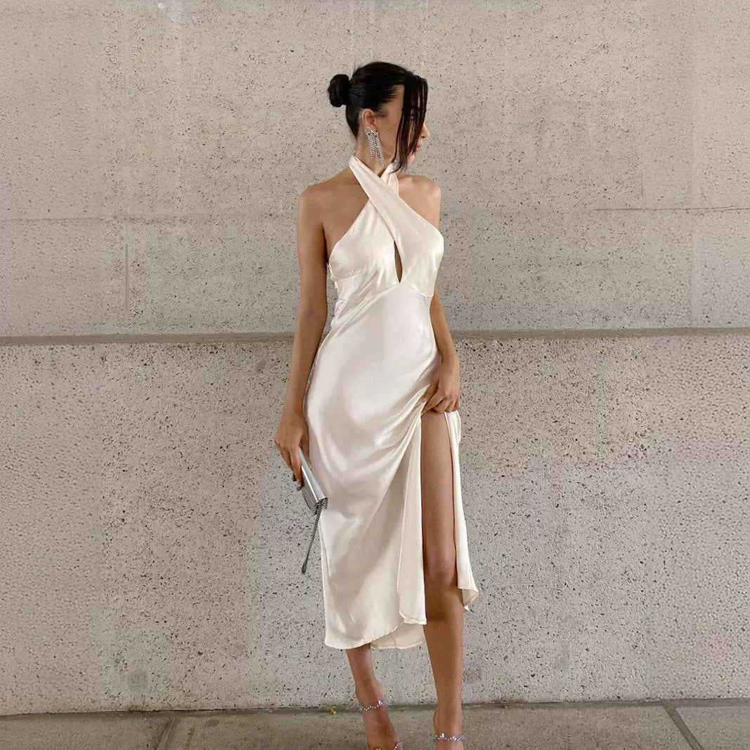 Satin Halterneck Cross-Front Cutout Backless Slit Maxi Dress 5