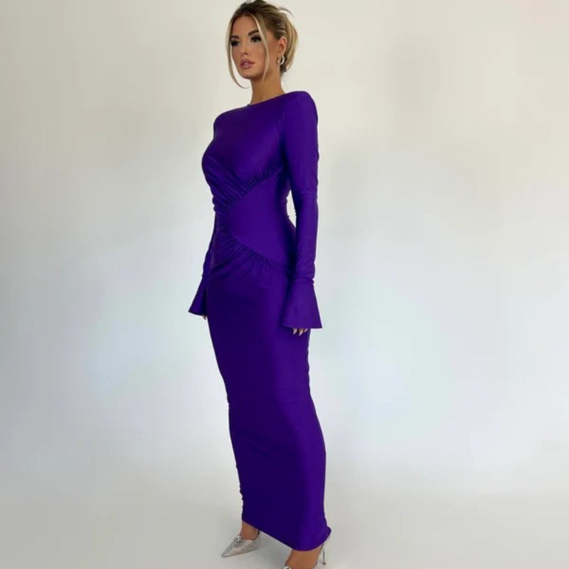 Crew-Neck Long-Sleeve Ruched Bodycon Maxi Dress 4