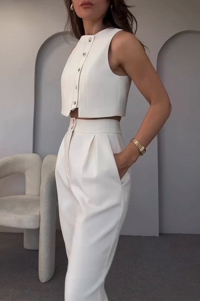 Chic Sleeveless Button-Down Coat with High-Waisted Pants Set