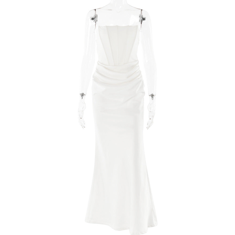 Strapless Ruched Draped Satin Column Maxi Dress 5