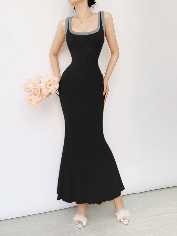 Ribbed Knit Square Neck Sleeveless Mermaid Maxi Dress