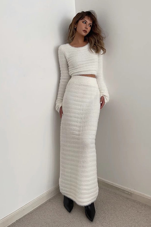 Chic Long Sleeve Crop Sweater and High Waist Skirt Set
