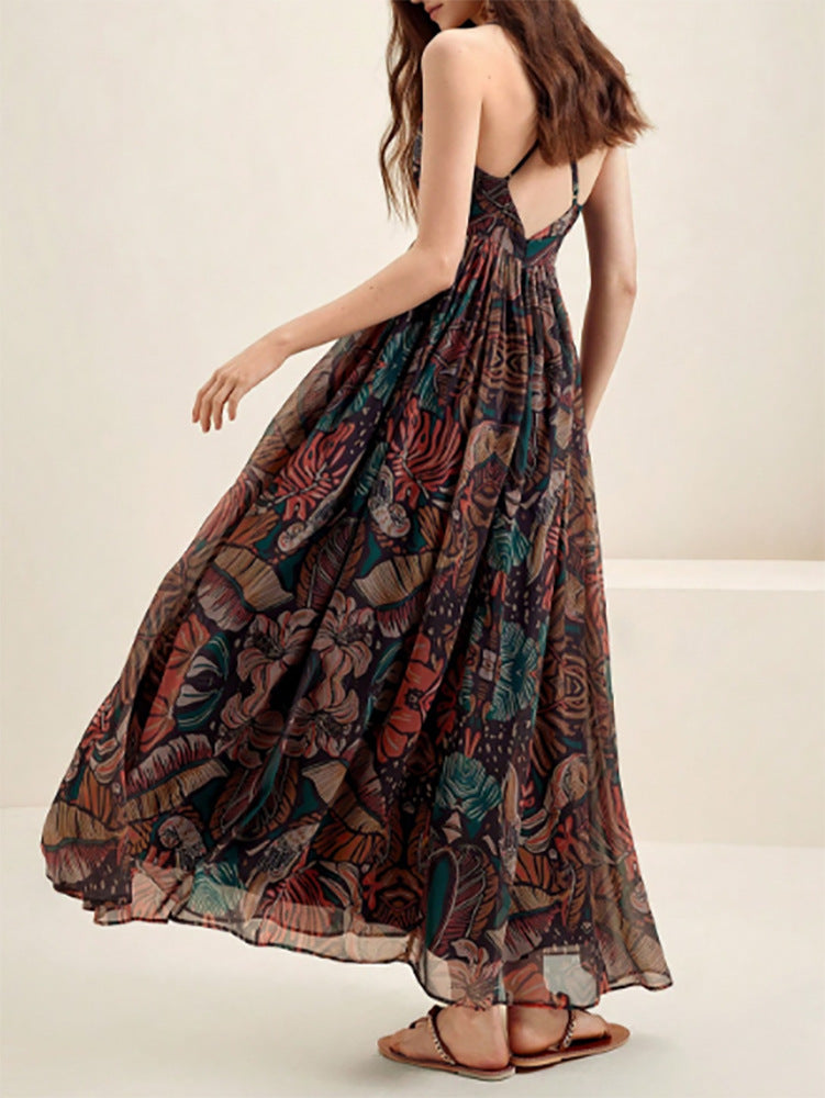 Printed V-neck Seaside Suspender Dress