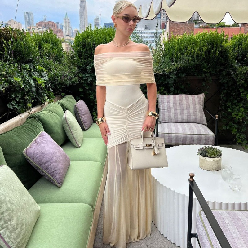 Off Shoulder Ruched Mesh Bodice Wrap Hip Pleated Mesh Maxi Gown - View 6