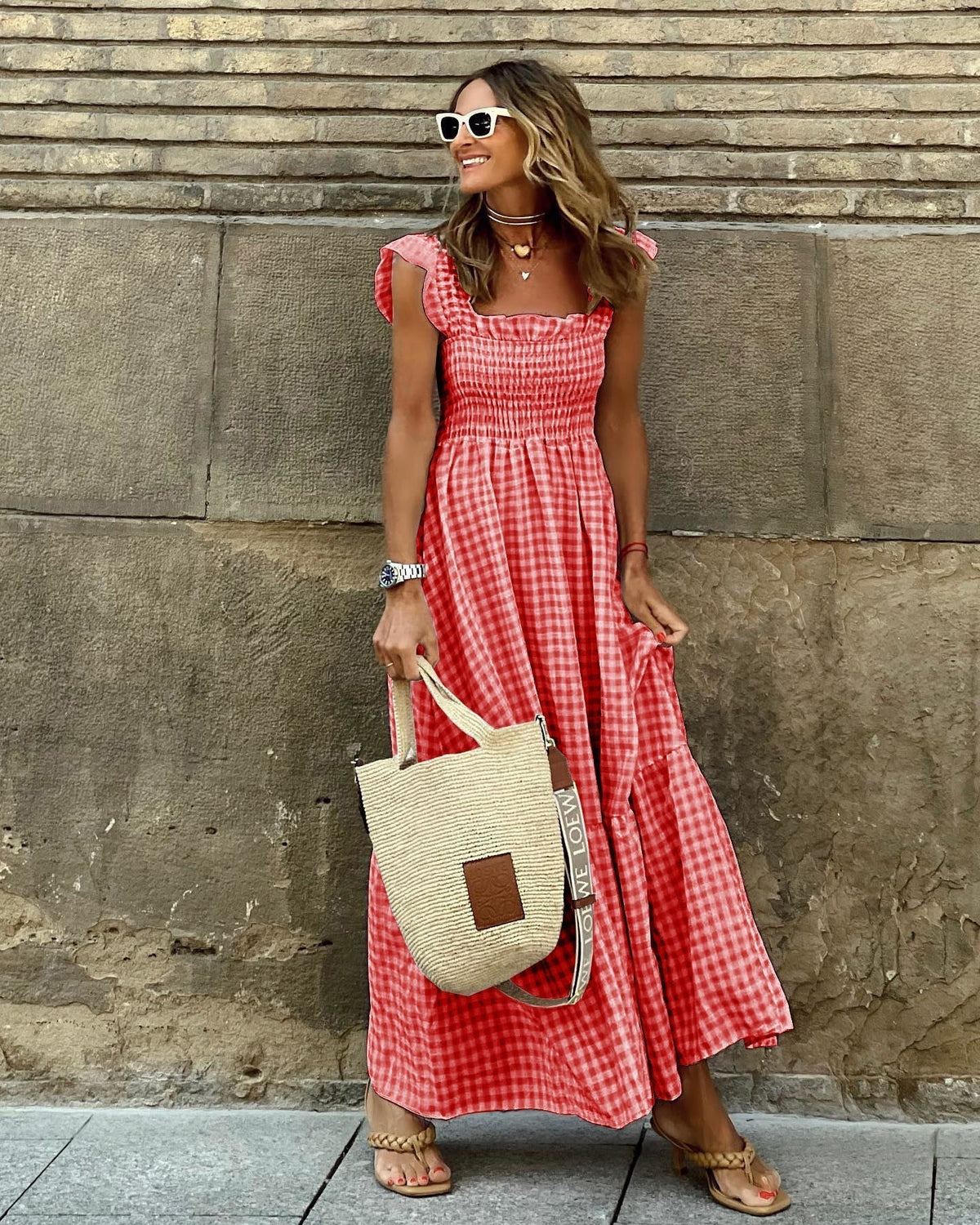 Gingham Square Neck Smocked Ruffle Strap Tiered Maxi Dress 3