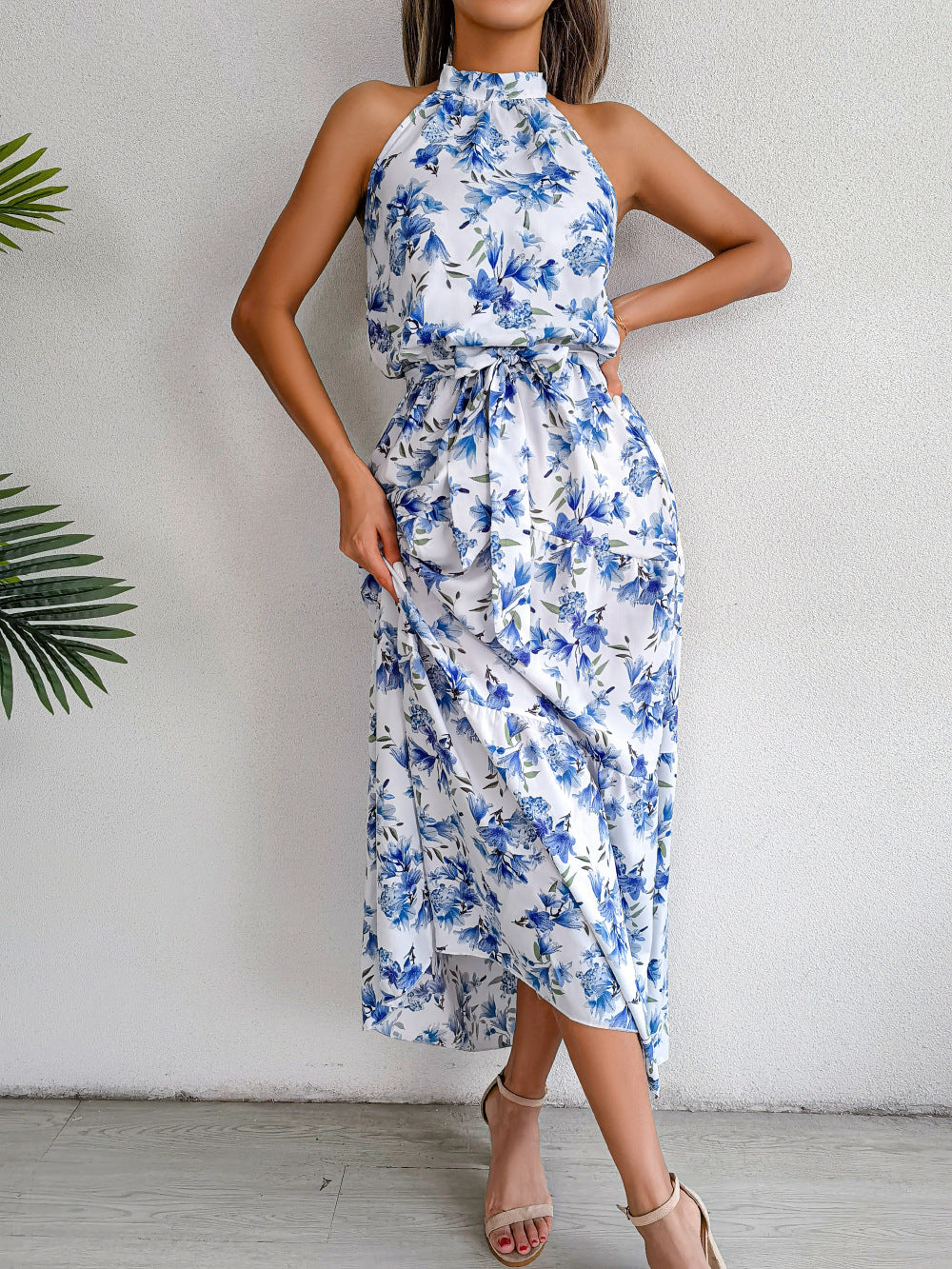 Floral Print Halter Neck Tie Waist Midi Dress 3