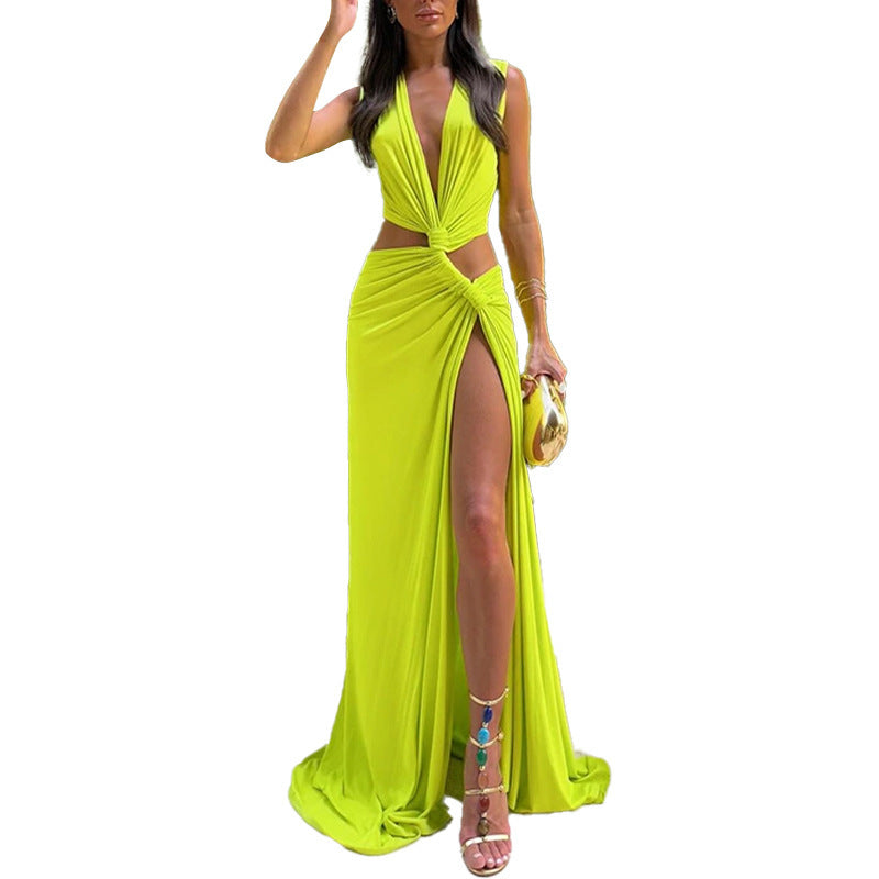 Cut Out Slit Hem V Neck Bodycon Irregular Maxi Dress