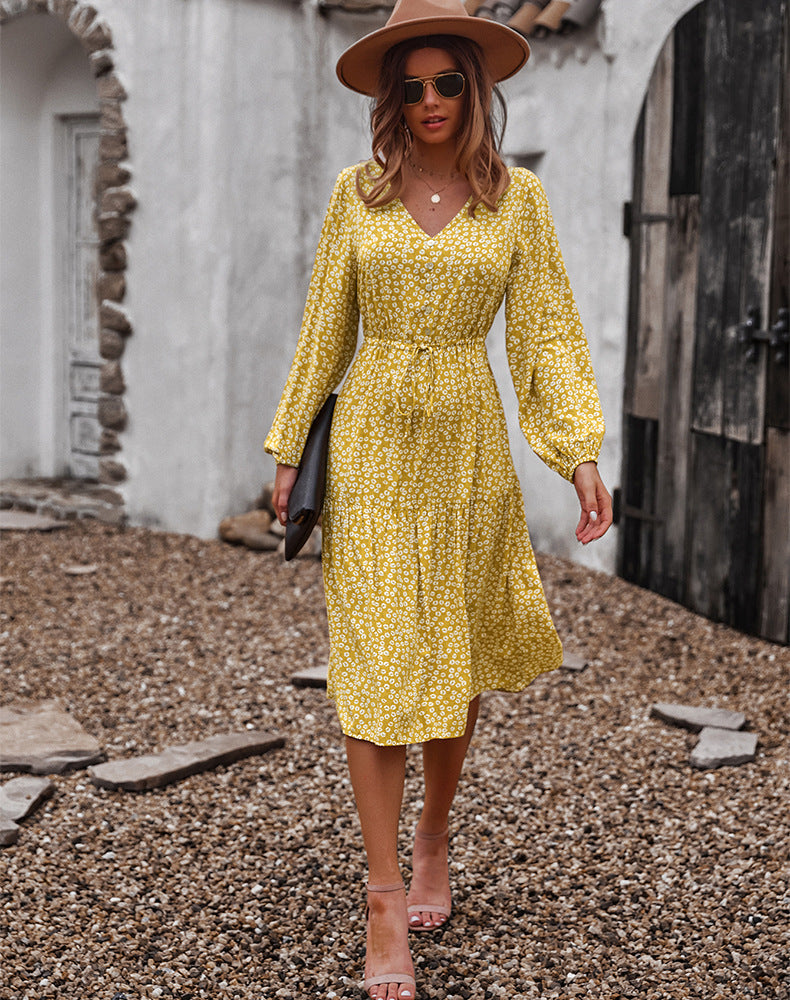Floral Print V-Neck Long Sleeve Wrap Tiered Midi Dress
