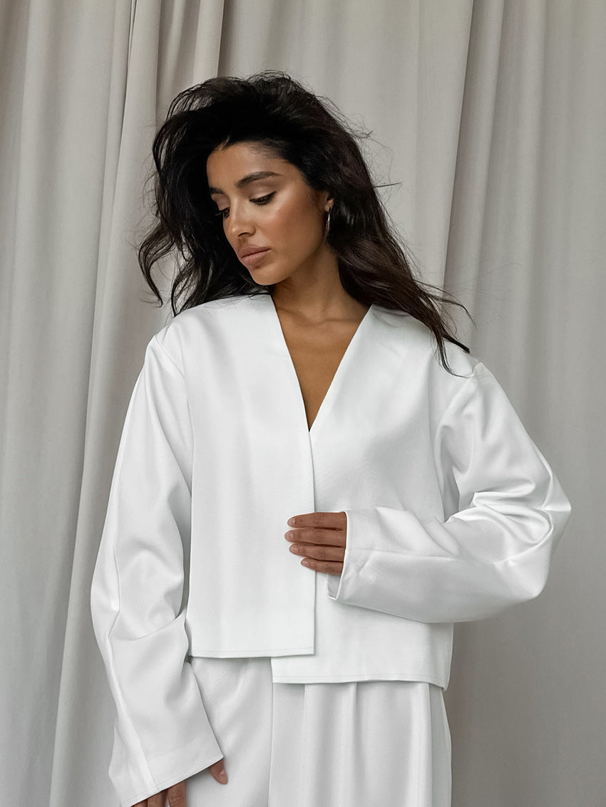 Chic V-Neck Coat and Loose Trousers Two-Piece Set