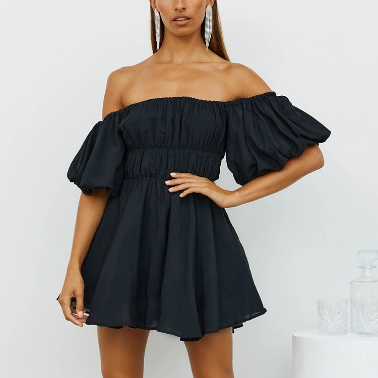 Tess Off The Shoulder Puff Sleeve Dress - Black - Fashionpara