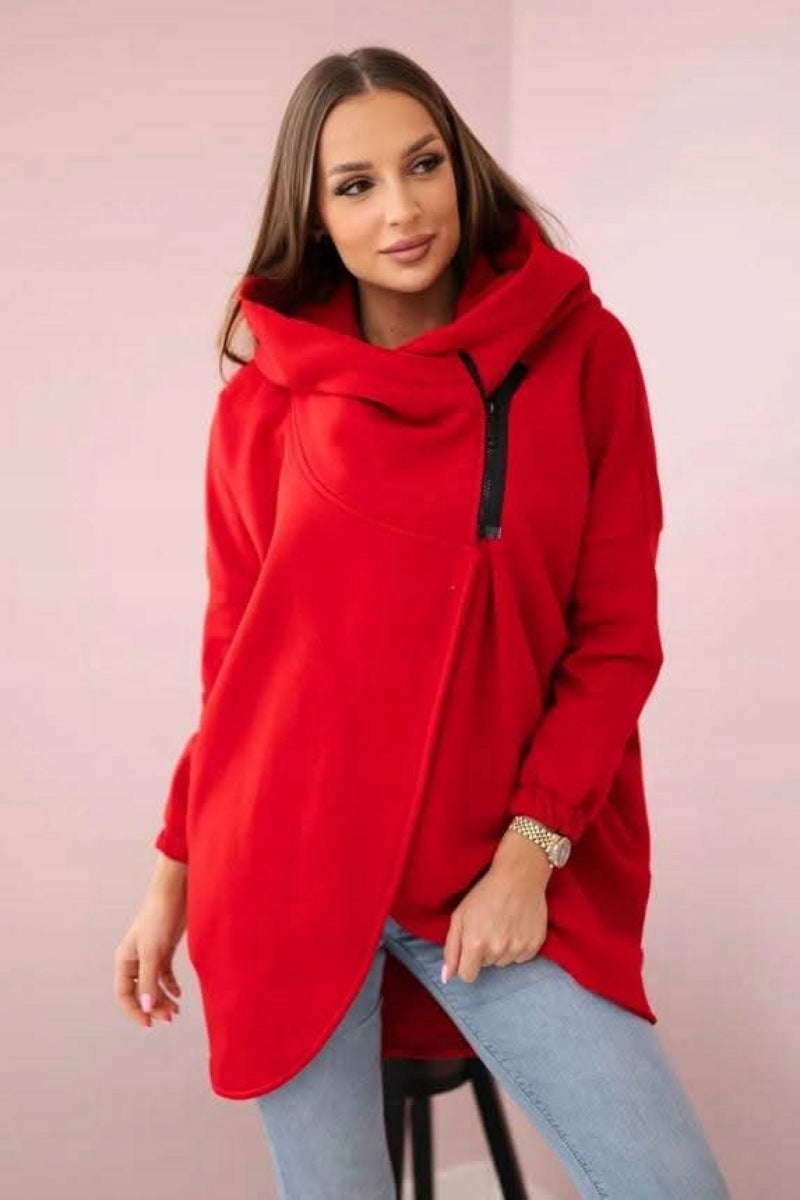 Chic Asymmetric Zip-Up Hooded Fleece Sweatshirt Coat