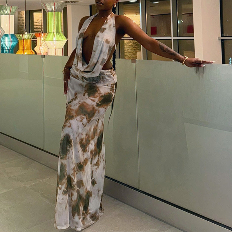 Solid-Color Halter Dress With Hollowed-Out Crop Tops