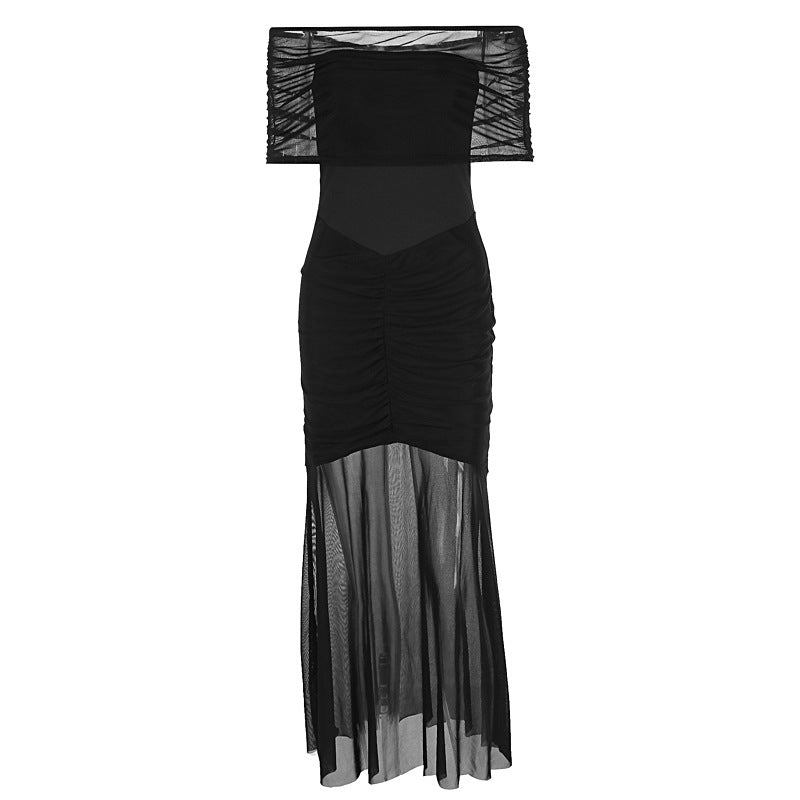 Off Shoulder Ruched Mesh Bodice Wrap Hip Pleated Mesh Maxi Gown - View 5