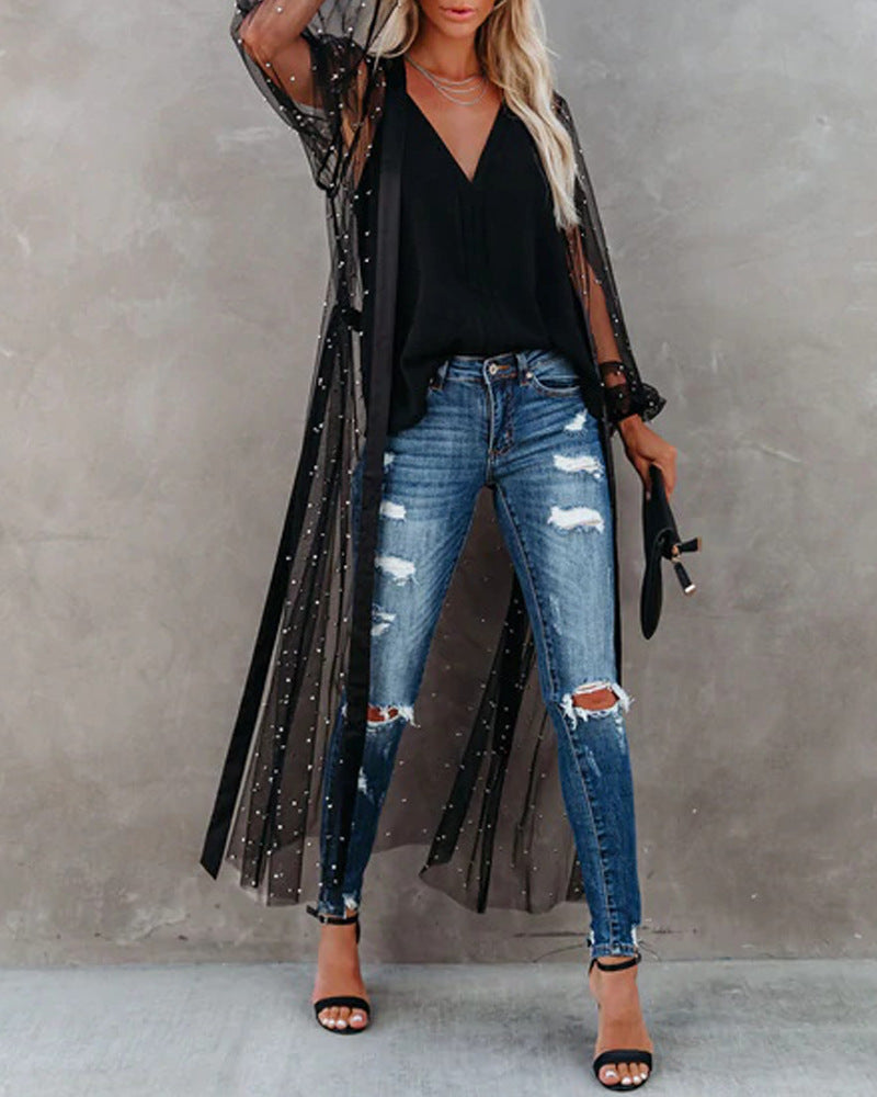 Black Starry Sheer Sequin Duster Kimono Fashionpara