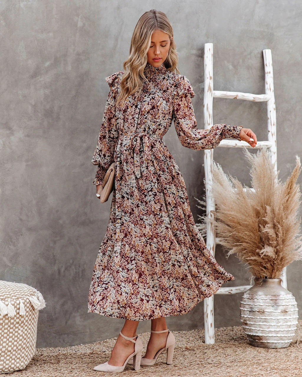 Floral Print High Neck Long Sleeve Tiered Midi Dress